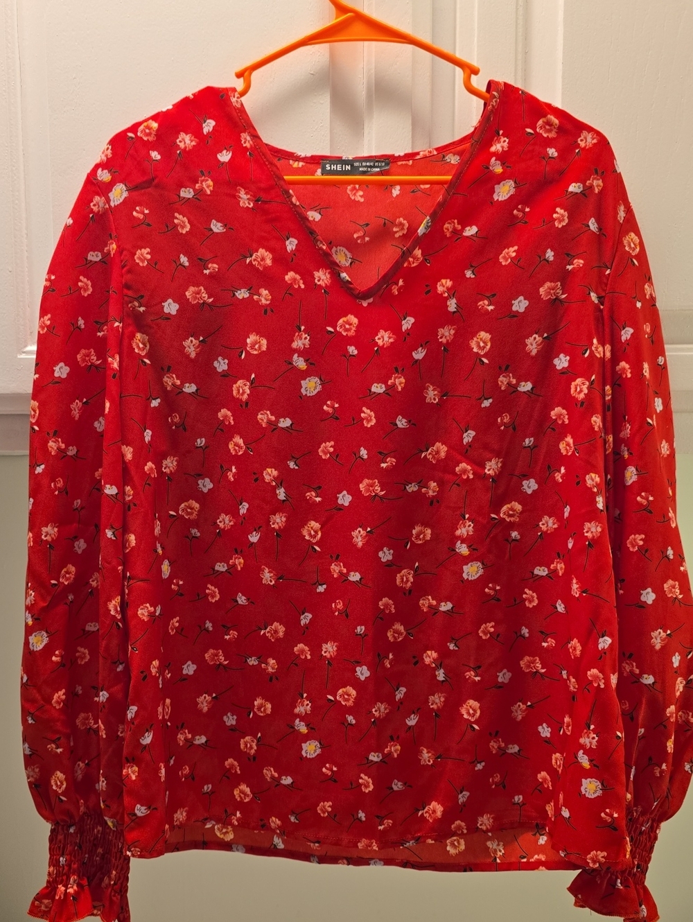 SHEIN Red Floral V-Neck Long Sleeve Blouse